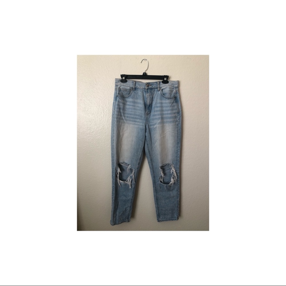 American Eagle high waisted mom jeans, size 10, light wash distressed denim
